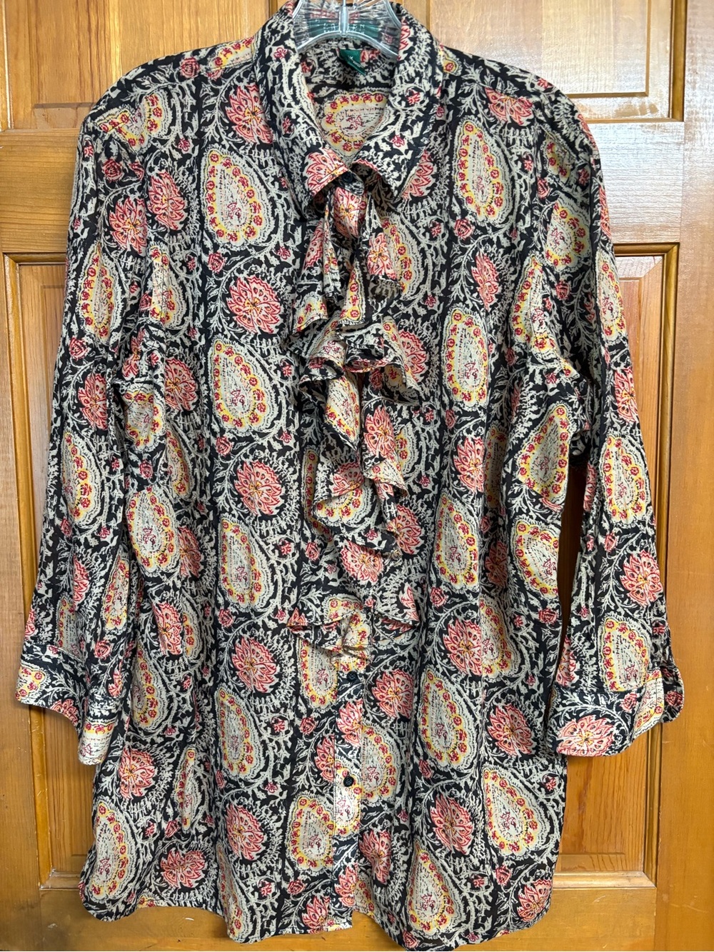 Ralph Lauren Black Paisley Ruffle Front Blouse with Pink and Cream Accents